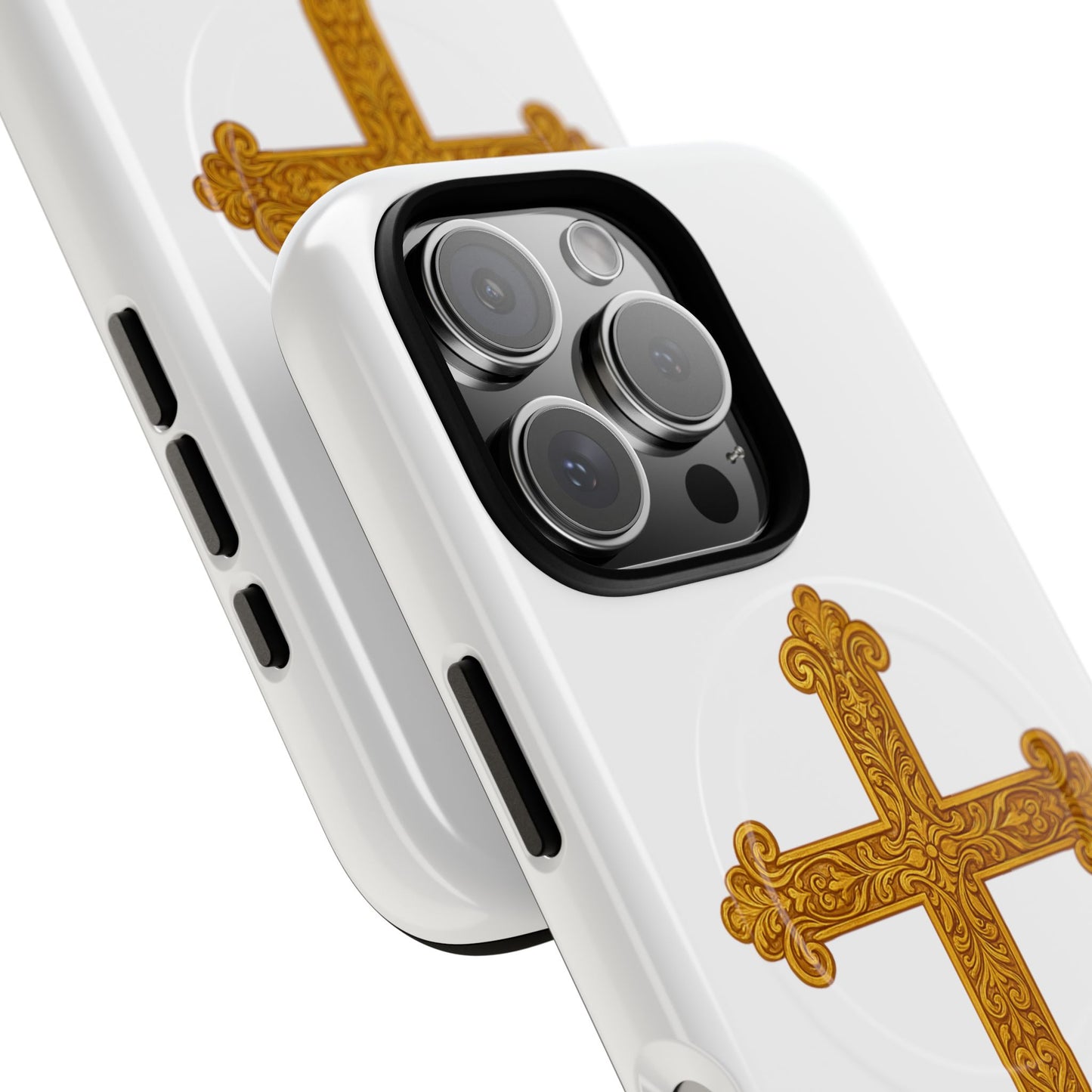 Gold Cross on White Magnetic Tough Case for iPhone – Strength in Faith