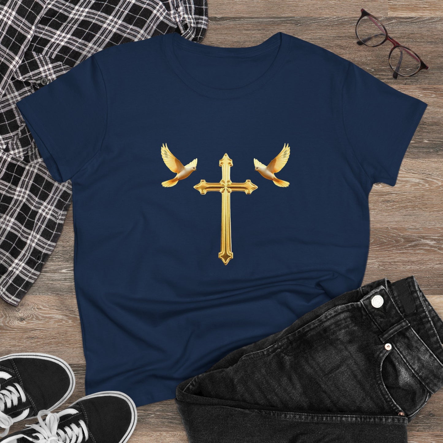 Flight of Grace – Gold Cross & Doves Tee