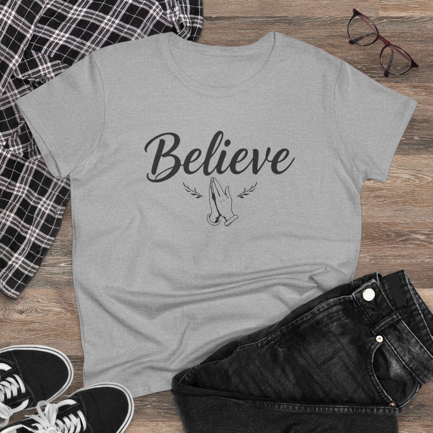 Believe – Women’s Christian Tee with Praying Hands & Romans 10:9