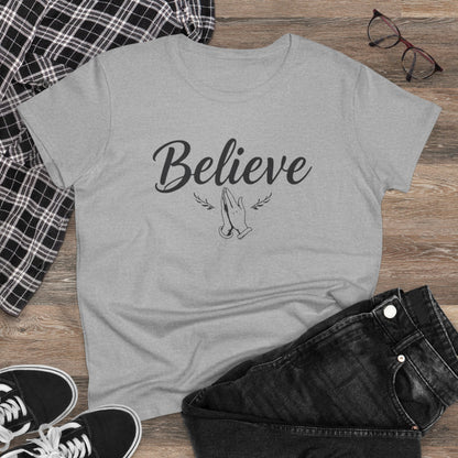 Believe – Women’s Christian Tee with Praying Hands & Romans 10:9