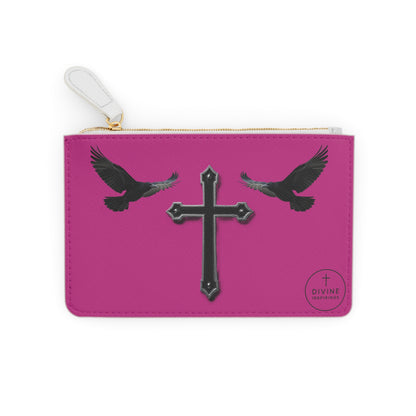 “Shadowed Faith” | Women’s Mini Clutch in Fuchsia – Black Cross with Flanking Crows