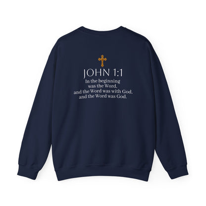 “The Word Eternal” – Women’s Christian Sweatshirt with White Lettering (John 1:1)