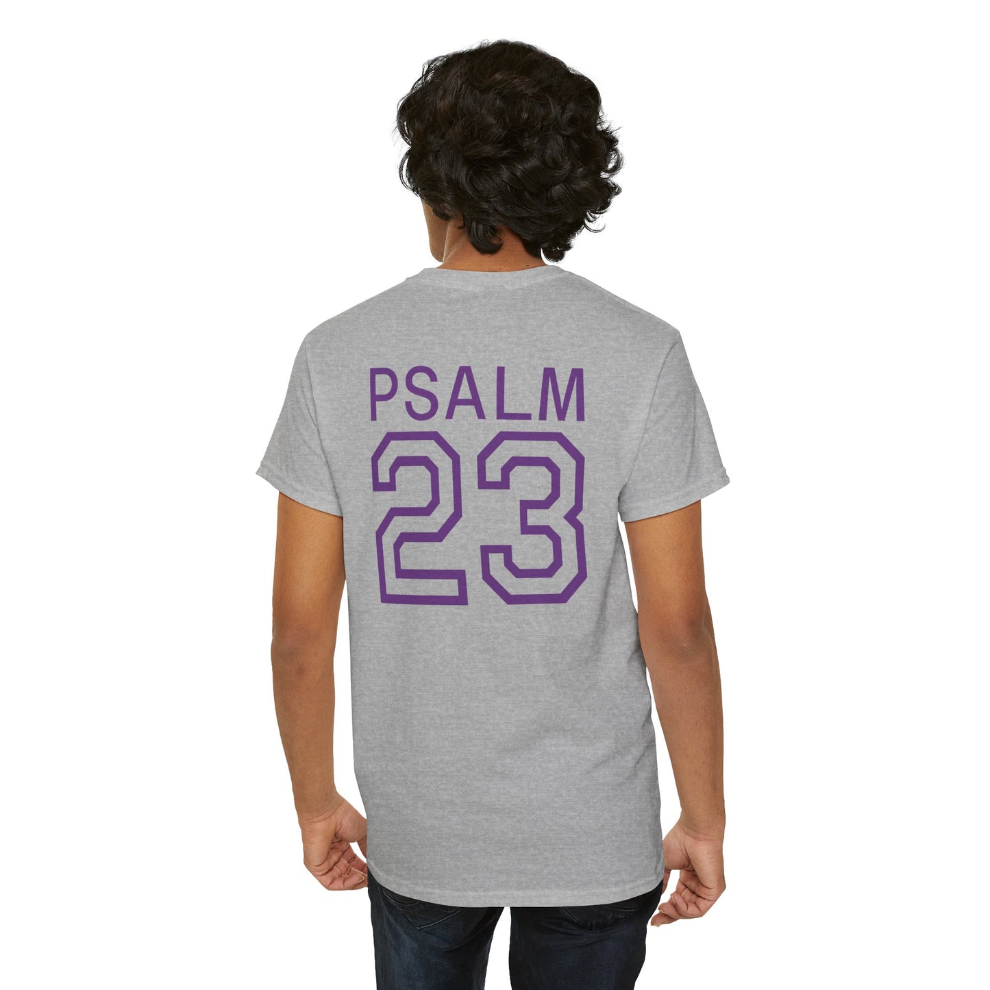 Psalm 23 Men’s T-Shirt – Inspired Sports-Style Shirt (Purple Lettering)