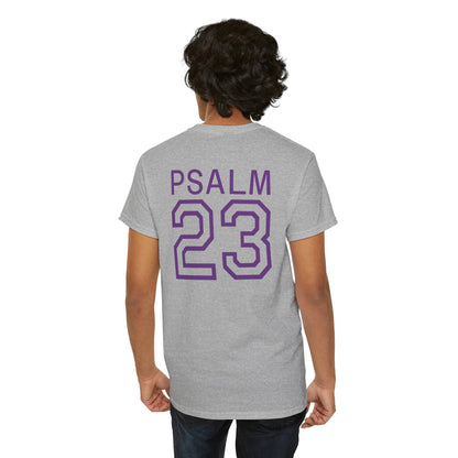 Psalm 23 Men’s T-Shirt – Inspired Sports-Style Shirt (Purple Lettering)