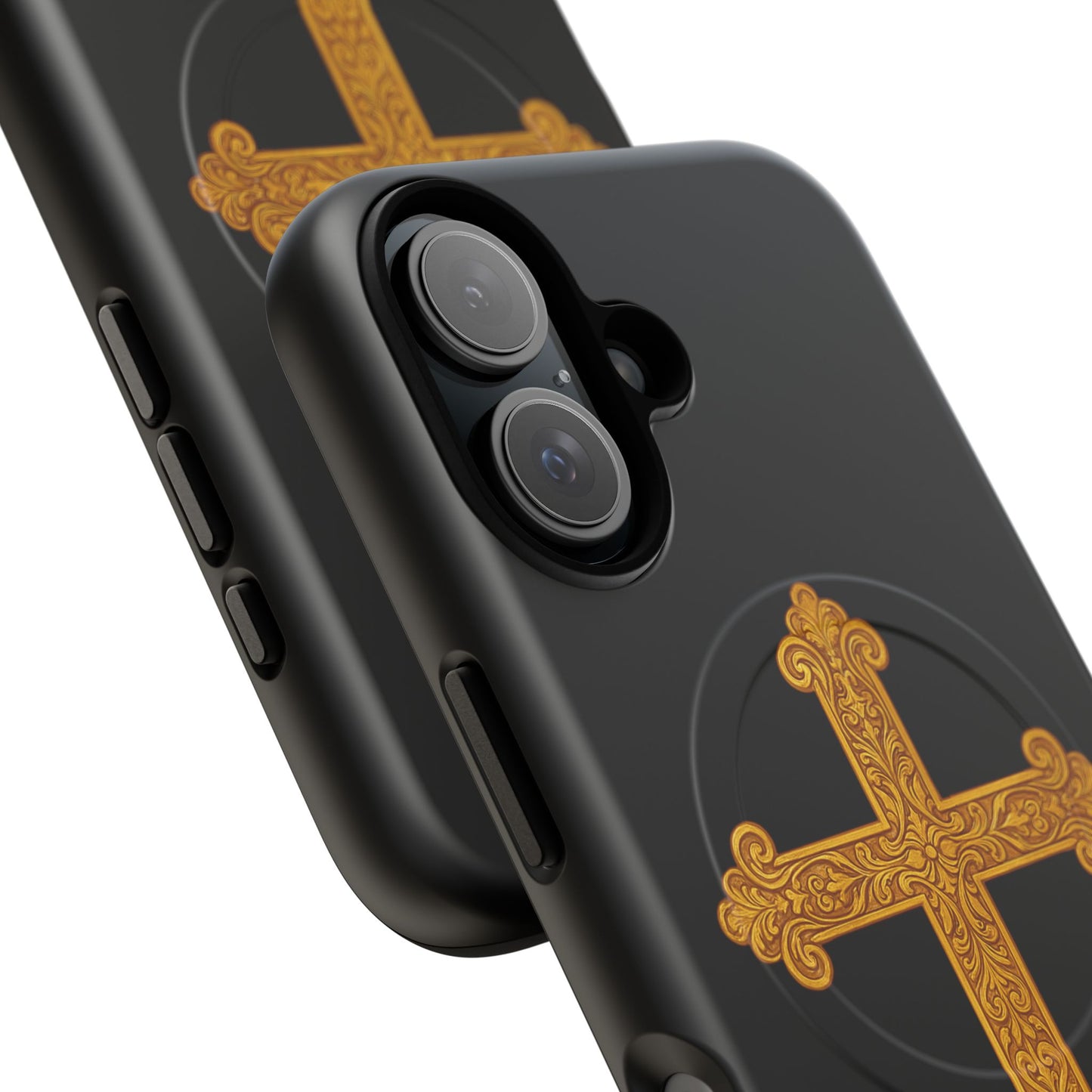 Gold Cross on Black Magnetic Tough Case for iPhone – Strength in Faith