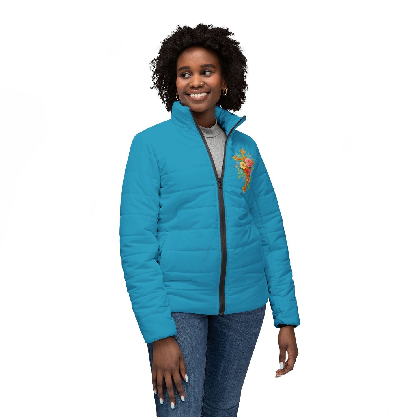 Blooming Faith Women’s Puffer Jacket in Turquoise – Floral Cross Crest