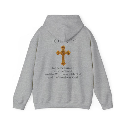 “The Word Eternal” – Men’s Christian Hoodie with Bold Dark Lettering (John 1:1)