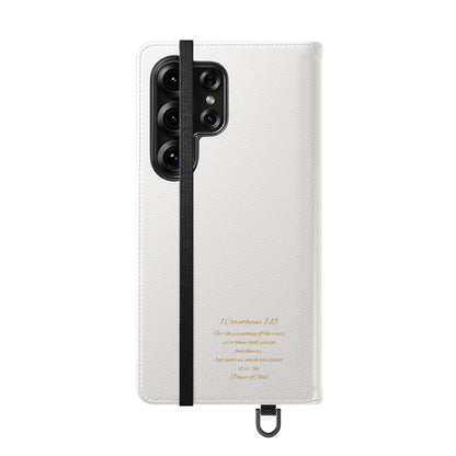 White with Gold Cross & 1 Corinthians 1:18 - Samsung Flip/Wallet Phone Case
