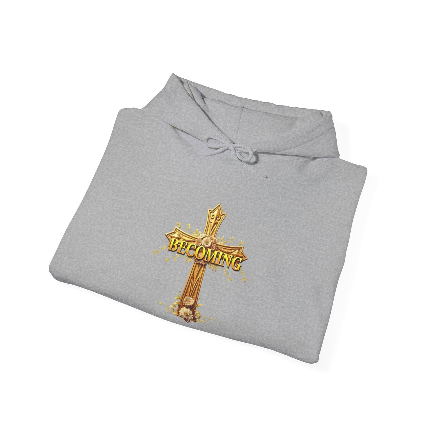 Becoming Women’s Faith Hoodie – Gold Cross Edition (1 Corinthians 15:49)