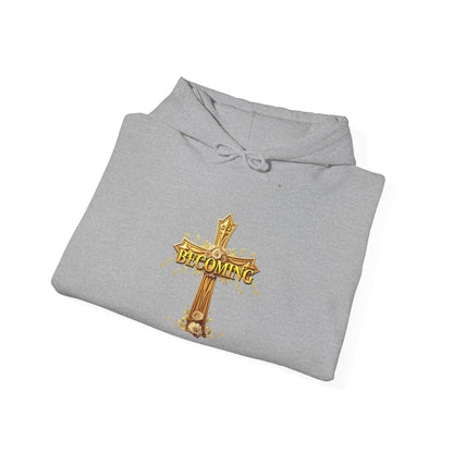 Becoming Women’s Faith Hoodie – Gold Cross Edition (1 Corinthians 15:49)