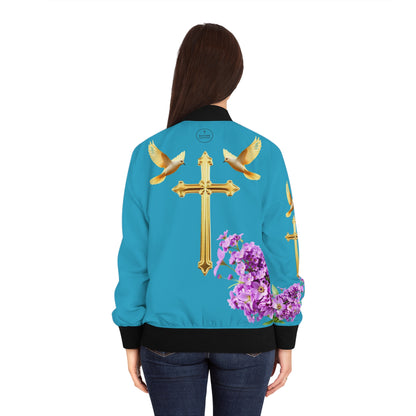 Heavenly Ascent – Gold Cross & Doves Women’s Bomber Jacket in Turquoise