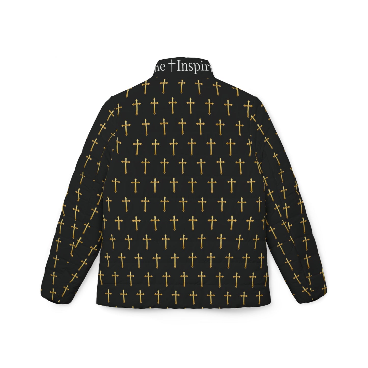 Golden Light Women’s Puffer Jacket in Black – All-Over Cross Pattern