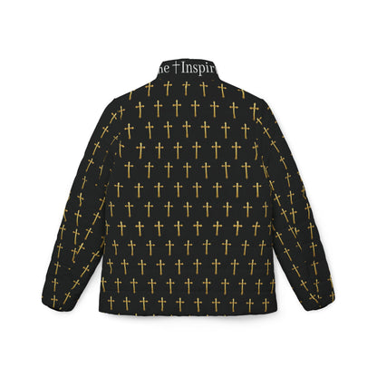 Golden Light Women’s Puffer Jacket in Black – All-Over Cross Pattern