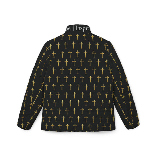 Golden Light Women’s Puffer Jacket in Black – All-Over Cross Pattern