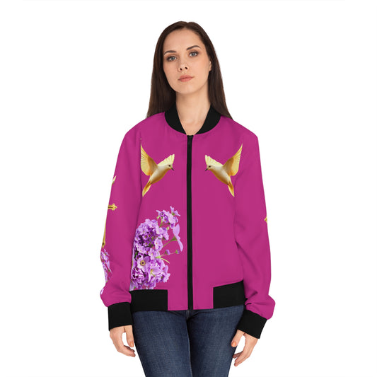 Heavenly Ascent – Gold Cross & Doves Women’s Bomber Jacket in Fuchsia