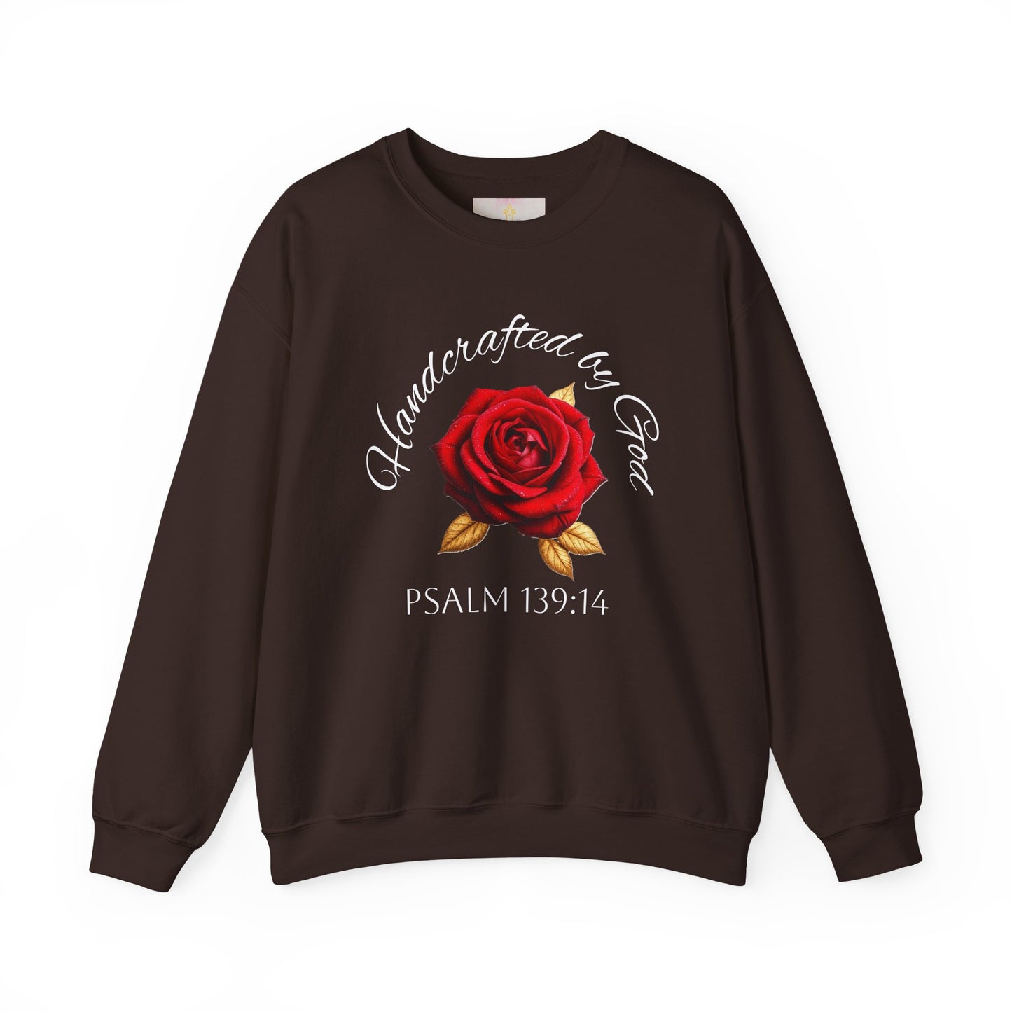 Handcrafted by God Rose Sweatshirt – White Lettering, Psalm 139:14