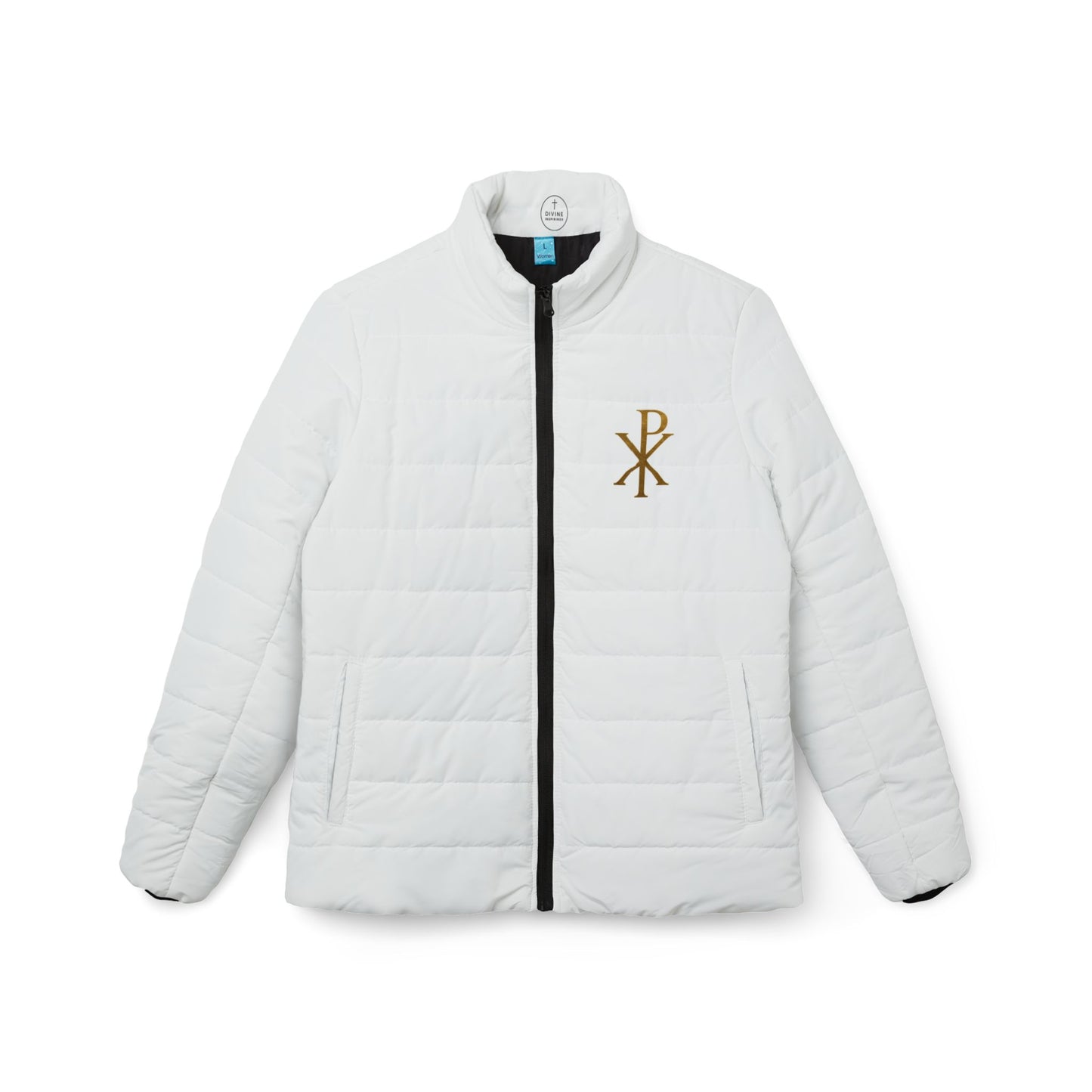 Heralded Faith Women’s Puffer Jacket – Gold Chi Rho Crest