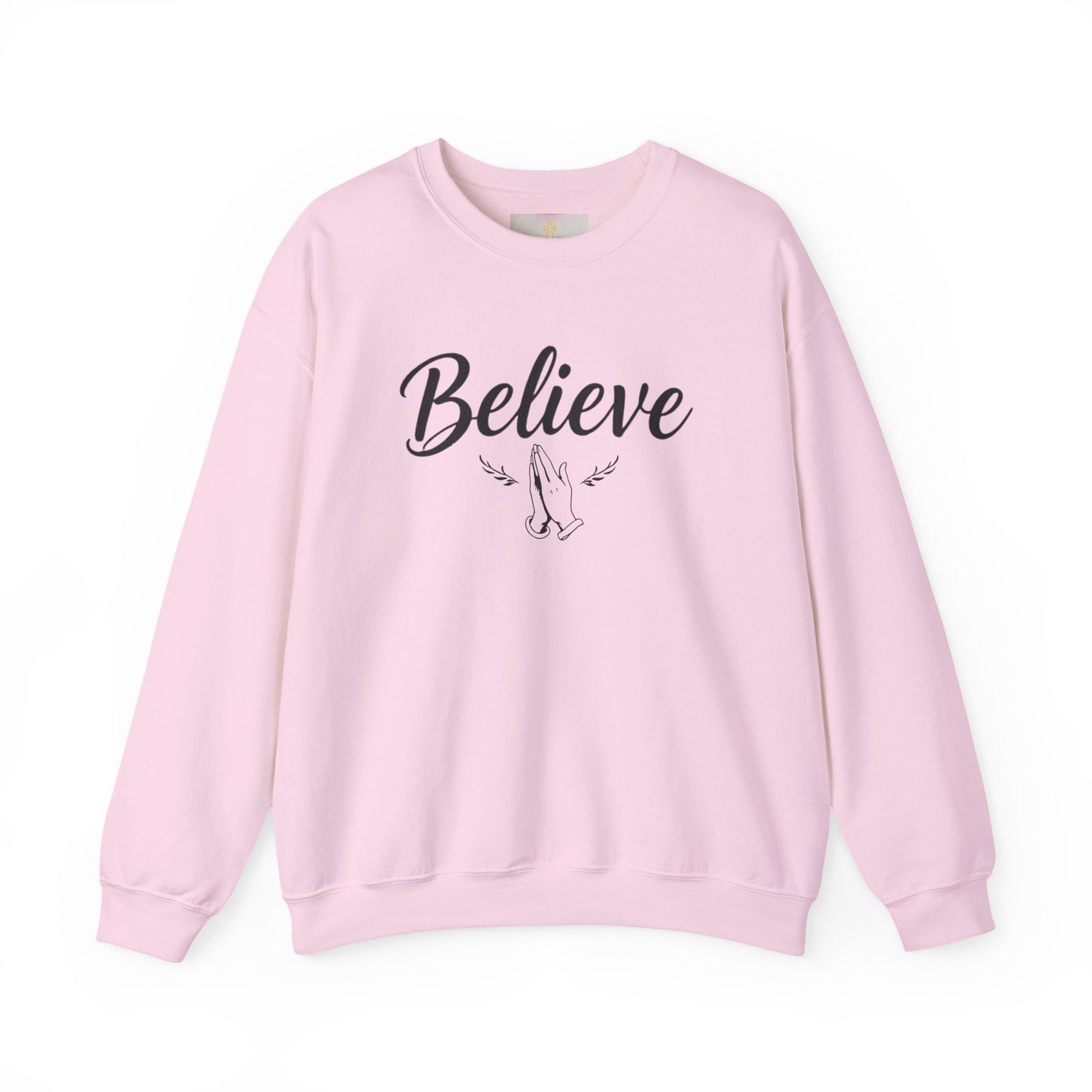 Women’s Believe Christian Sweatshirt – Praying Hands & Romans 10:9