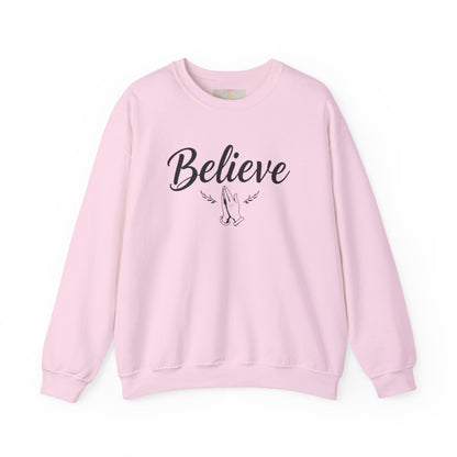 Women’s Believe Christian Sweatshirt – Praying Hands & Romans 10:9
