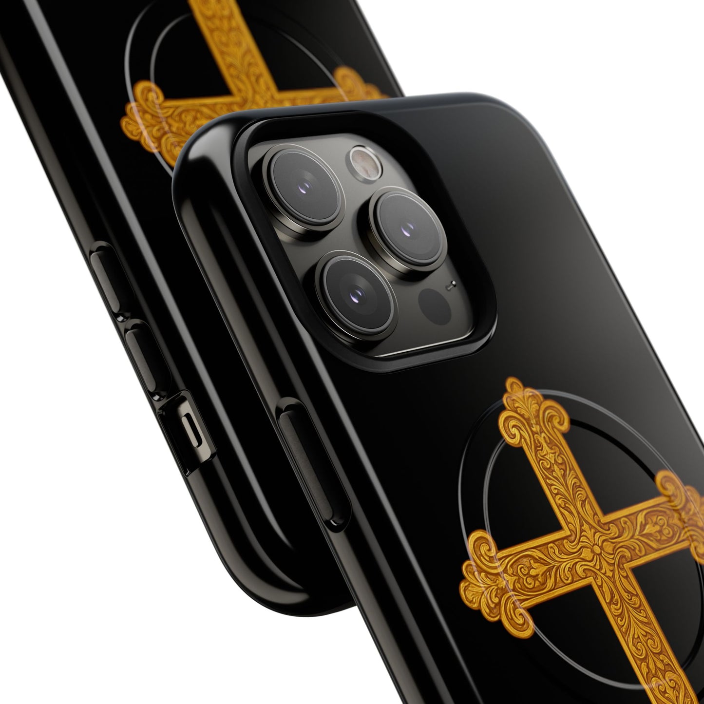 Gold Cross on Black Magnetic Tough Case for iPhone – Strength in Faith