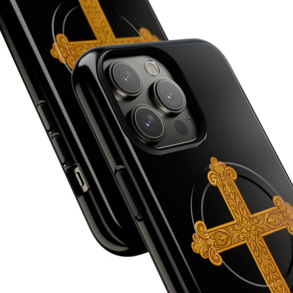 Gold Cross on Black Magnetic Tough Case for iPhone – Strength in Faith