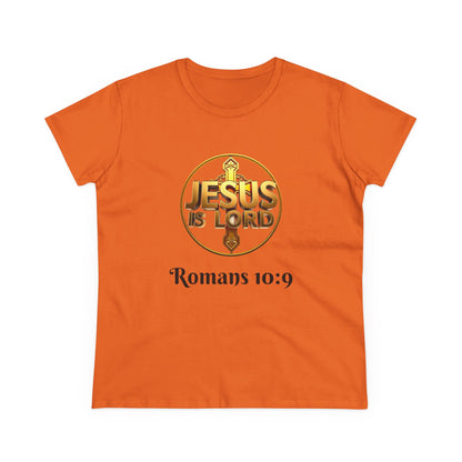 Women’s Romans 10:9 Christian T-Shirt – Jesus Is Lord & He Is Risen (Dark Lettering)