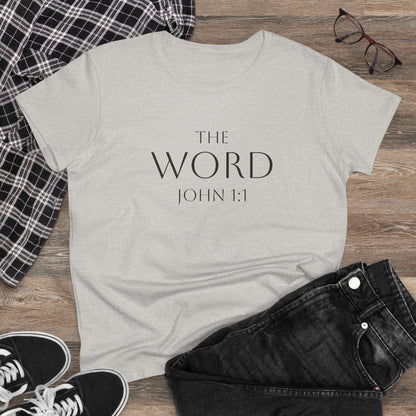 “The Word Eternal” – Women’s Christian Tee with Bold Dark Lettering (John 1:1)