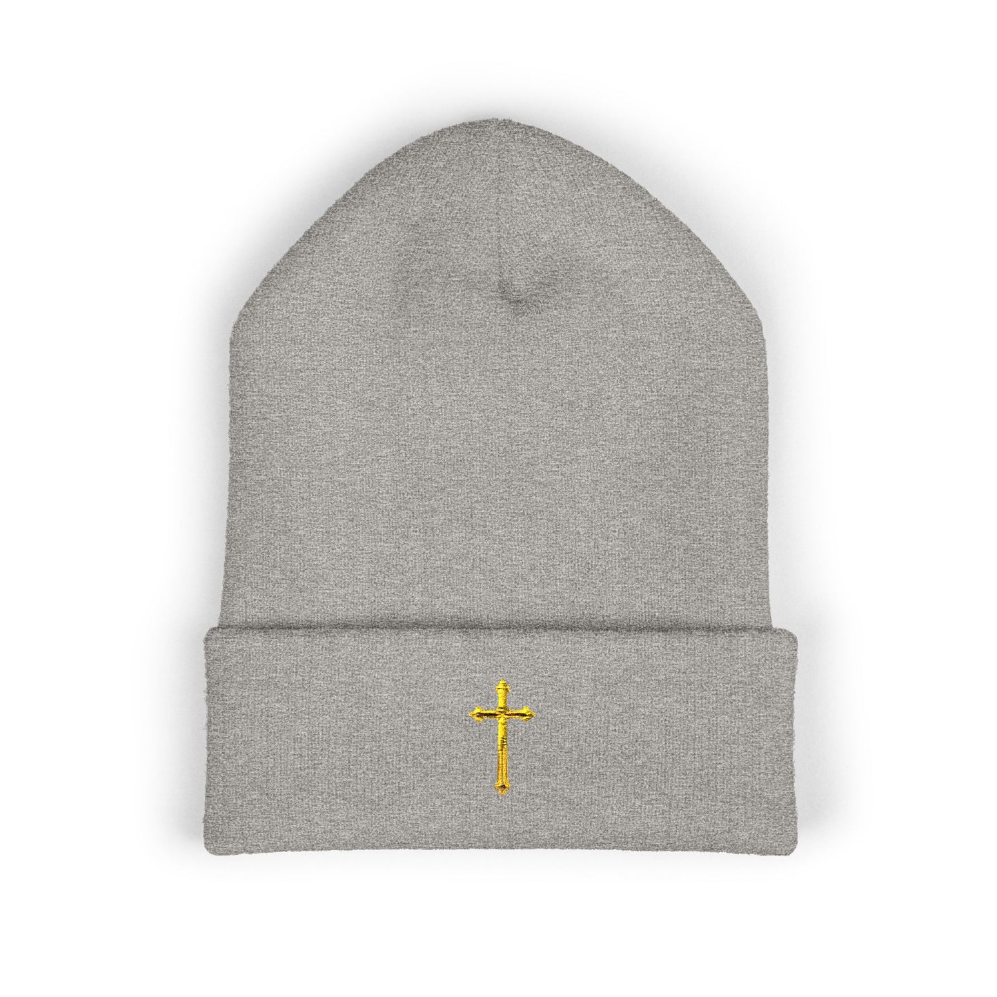Golden Grace Cuffed Beanie – Embroidered Cross