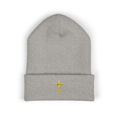 Golden Grace Cuffed Beanie – Embroidered Cross