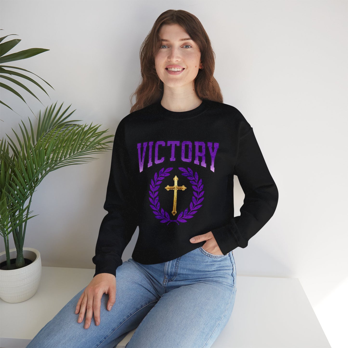 Victory Women’s Sweatshirt – Bold Purple Logo, Faith in Comfort