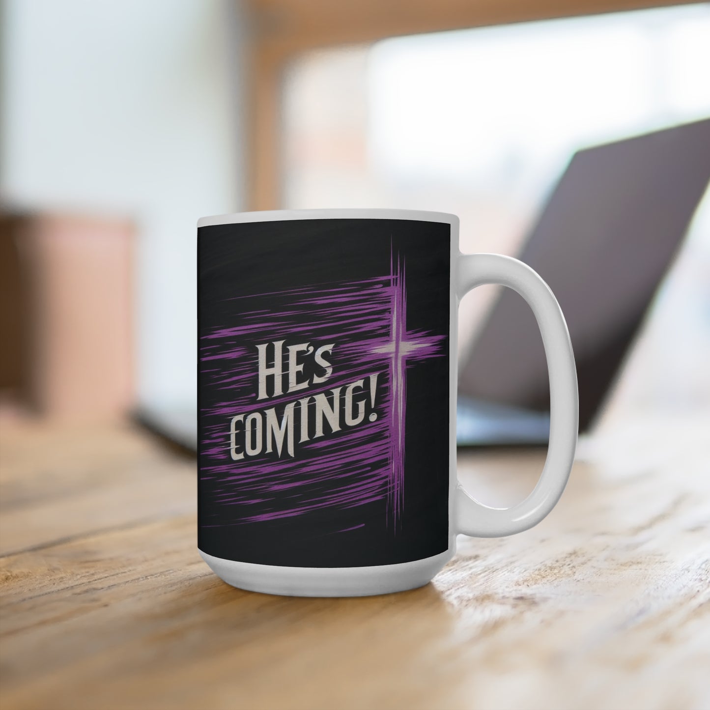 'He's Coming' Cross Mug – Prophetic Christian Coffee Cup (11oz & 15oz)