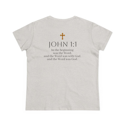 “The Word Eternal” – Women’s Christian Tee with Bold Dark Lettering (John 1:1)