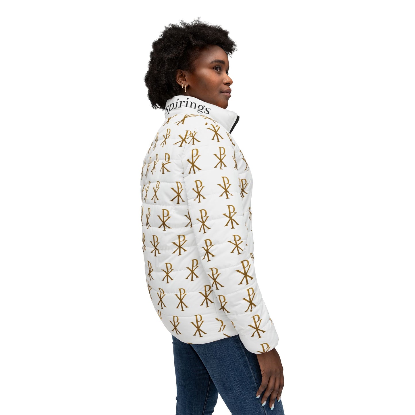 Radiant Victory Women’s Puffer Jacket – Gold Chi Rho Pattern
