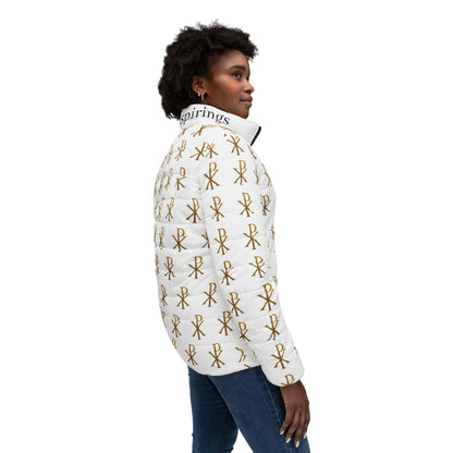 Radiant Victory Women’s Puffer Jacket – Gold Chi Rho Pattern
