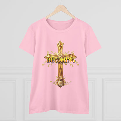 Becoming Women’s Faith Tee – Gold Cross Edition (Dark Lettering, 1 Corinthians 15:49)