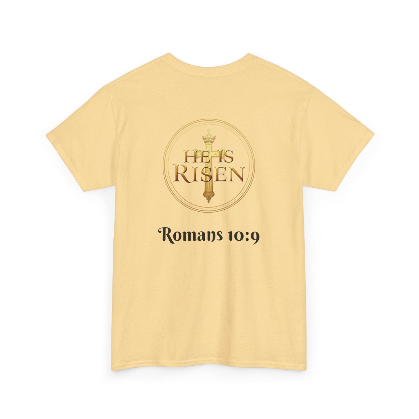 Men’s Romans 10:9 Christian T-Shirt – Jesus Is Lord & He Is Risen (Dark Lettering)