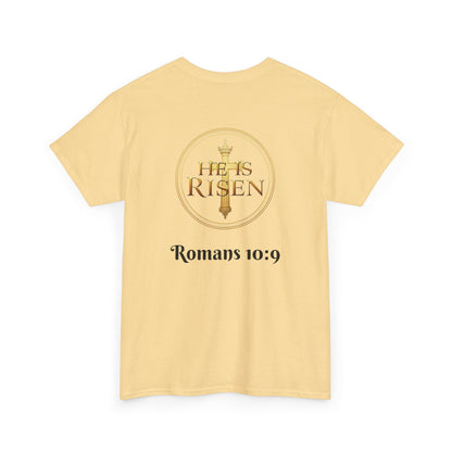 Men’s Romans 10:9 Christian T-Shirt – Jesus Is Lord & He Is Risen (Dark Lettering)