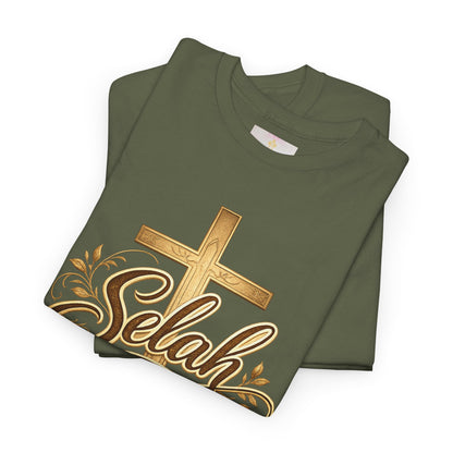 Selah Cross Tee — Women's Christian T‑Shirt with Gold Script