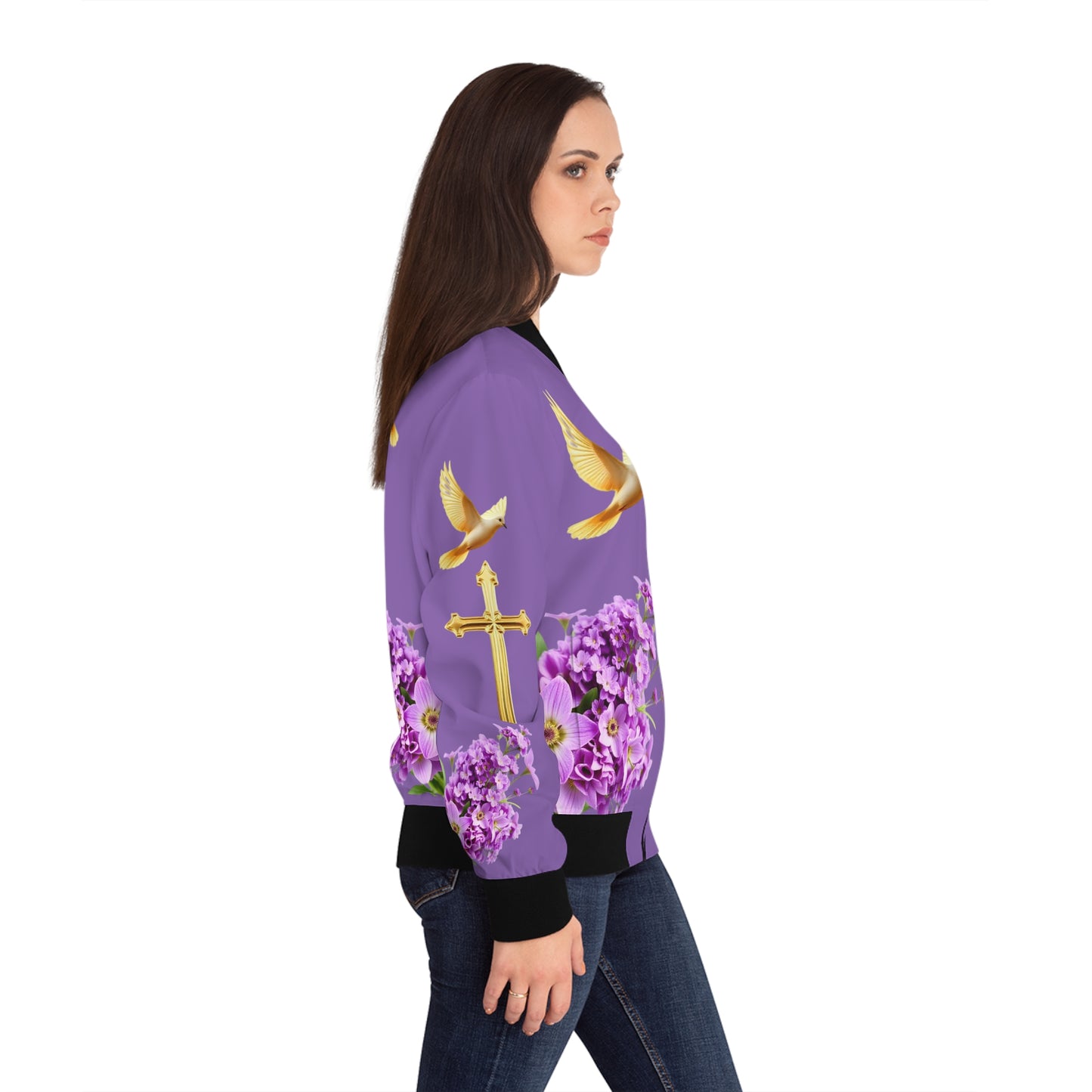 Heavenly Ascent – Gold Cross & Doves Women’s Bomber Jacket in Muave