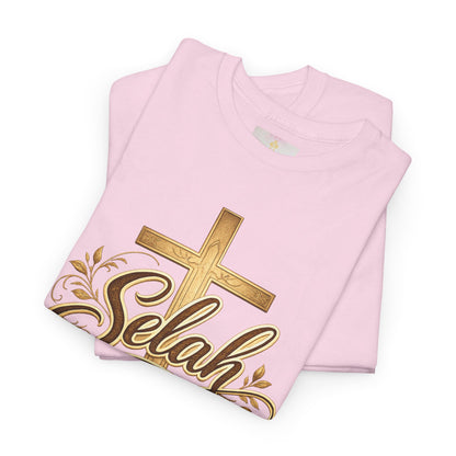 Selah Cross Tee — Women's Christian T‑Shirt with Gold Script
