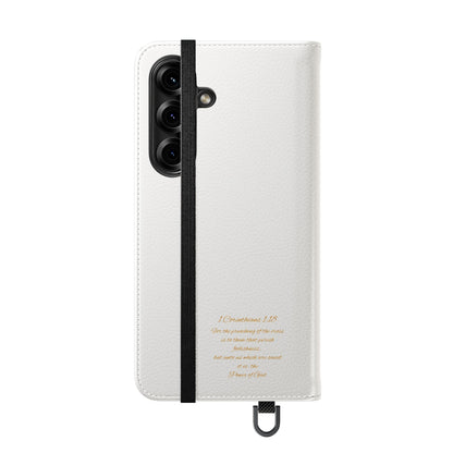 White with Gold Cross & 1 Corinthians 1:18 - Samsung Flip/Wallet Phone Case