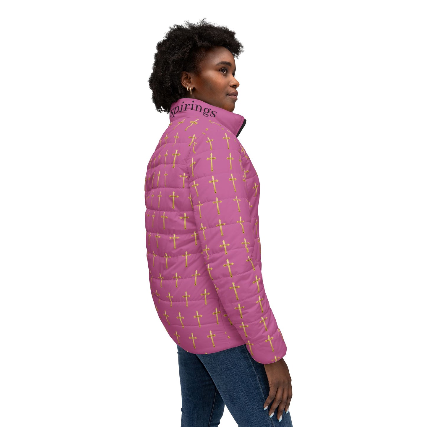 Golden Light Women’s Puffer Jacket in Pink – All-Over Cross Pattern