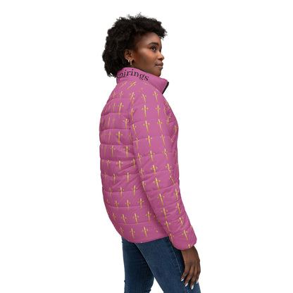 Golden Light Women’s Puffer Jacket in Pink – All-Over Cross Pattern