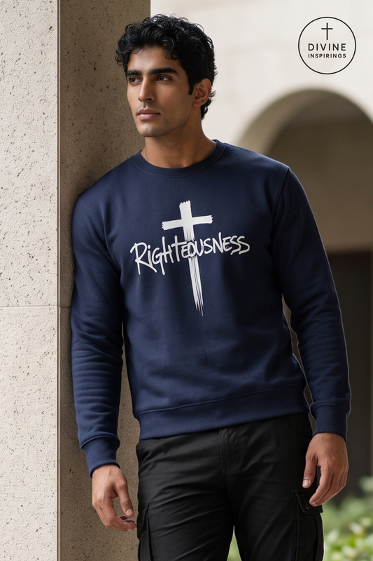 A man wearing a navy blue crewneck sweatshirt with a white cross and the word 'Righteousness' printed on the front, paired with black cargo pants, standing against a stone wall.