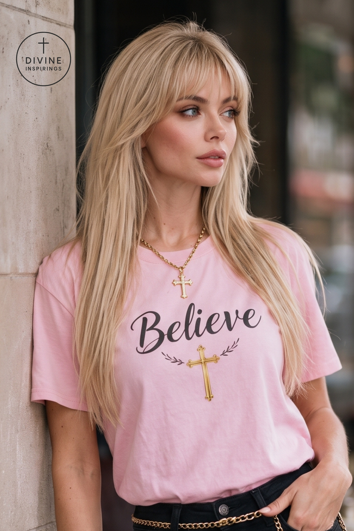 A blonde woman wearing a light pink graphic t-shirt with the word 'Believe' in black script and a gold cross graphic, leaning against a stone pillar.