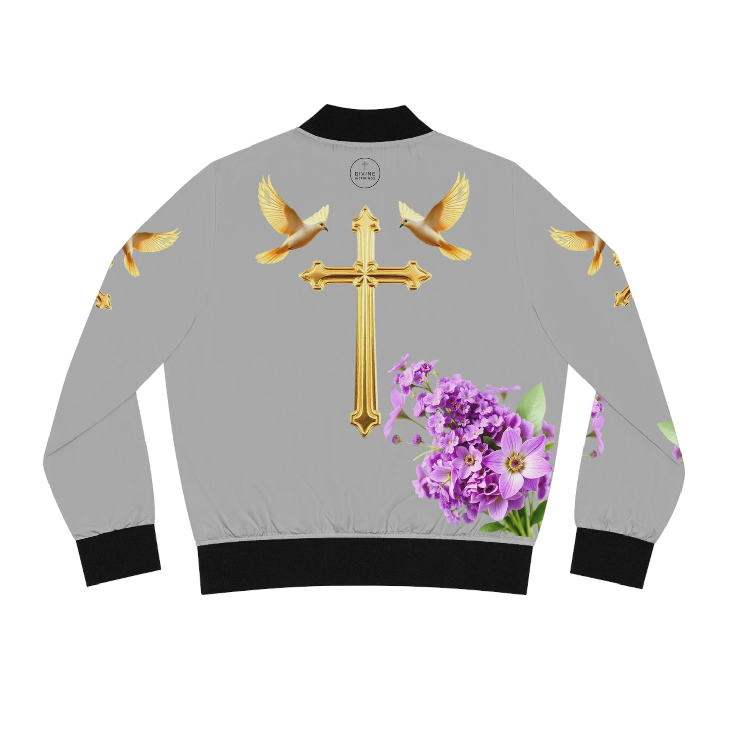 Heavenly Ascent – Gold Cross & Doves Women’s Bomber Jacket in Grey