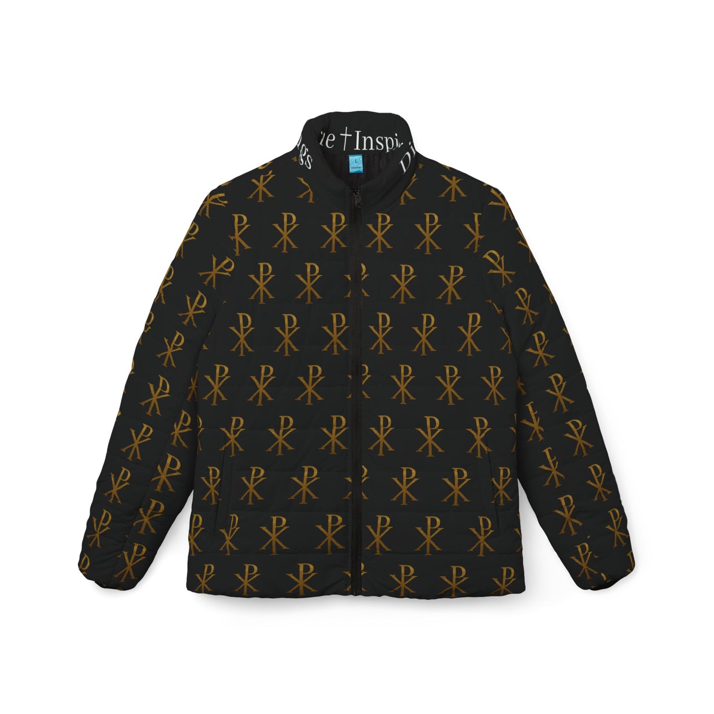 Radiant Victory Women’s Puffer Jacket in Black – Gold Chi Rho Pattern