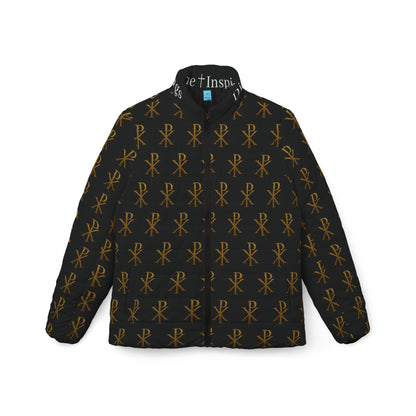 Radiant Victory Women’s Puffer Jacket in Black – Gold Chi Rho Pattern