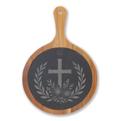 Faith & Grace Charcuterie Board – Cross with Laurel & Flowers