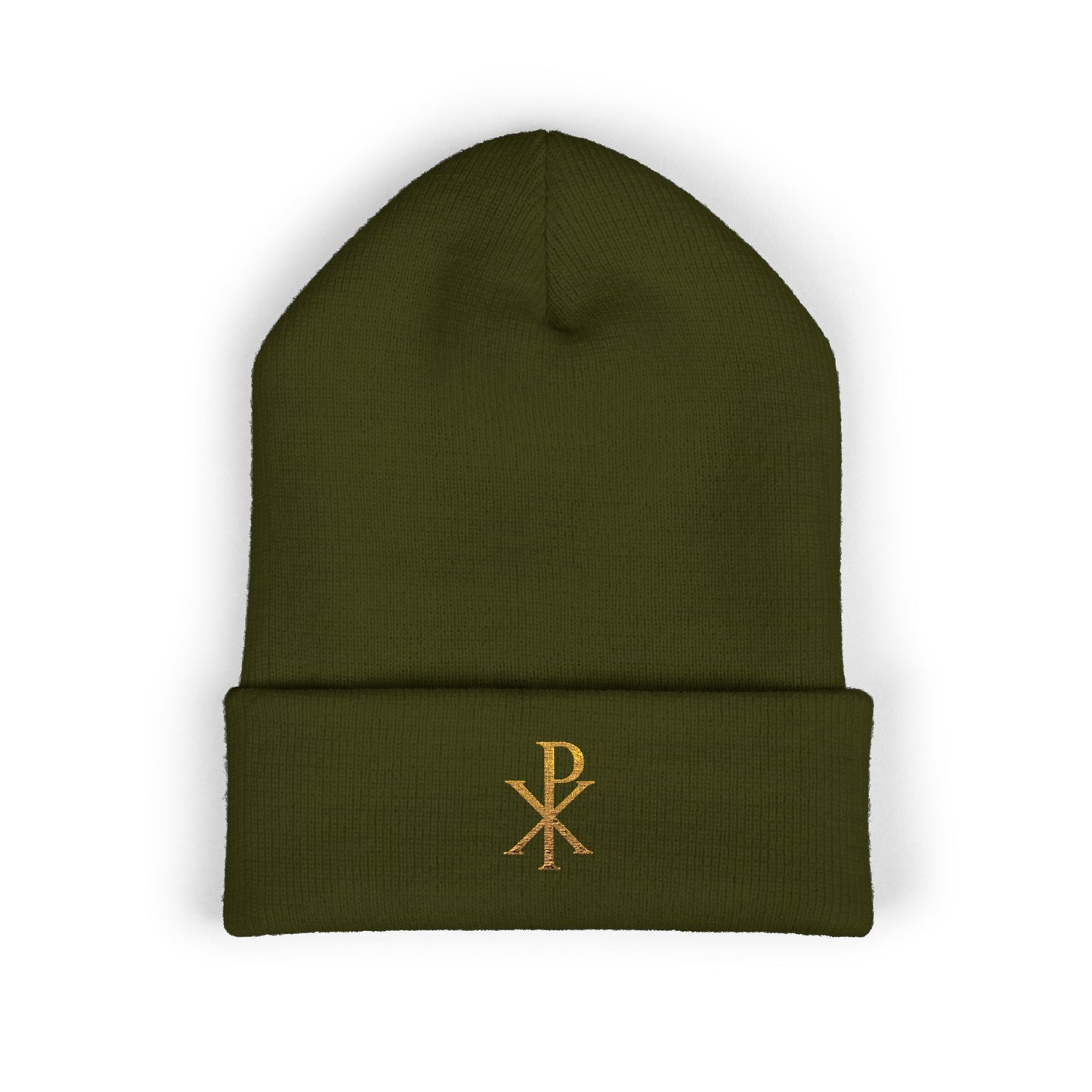 Radiant Faith Cuffed Beanie – Gold Chi Rho Embroidery